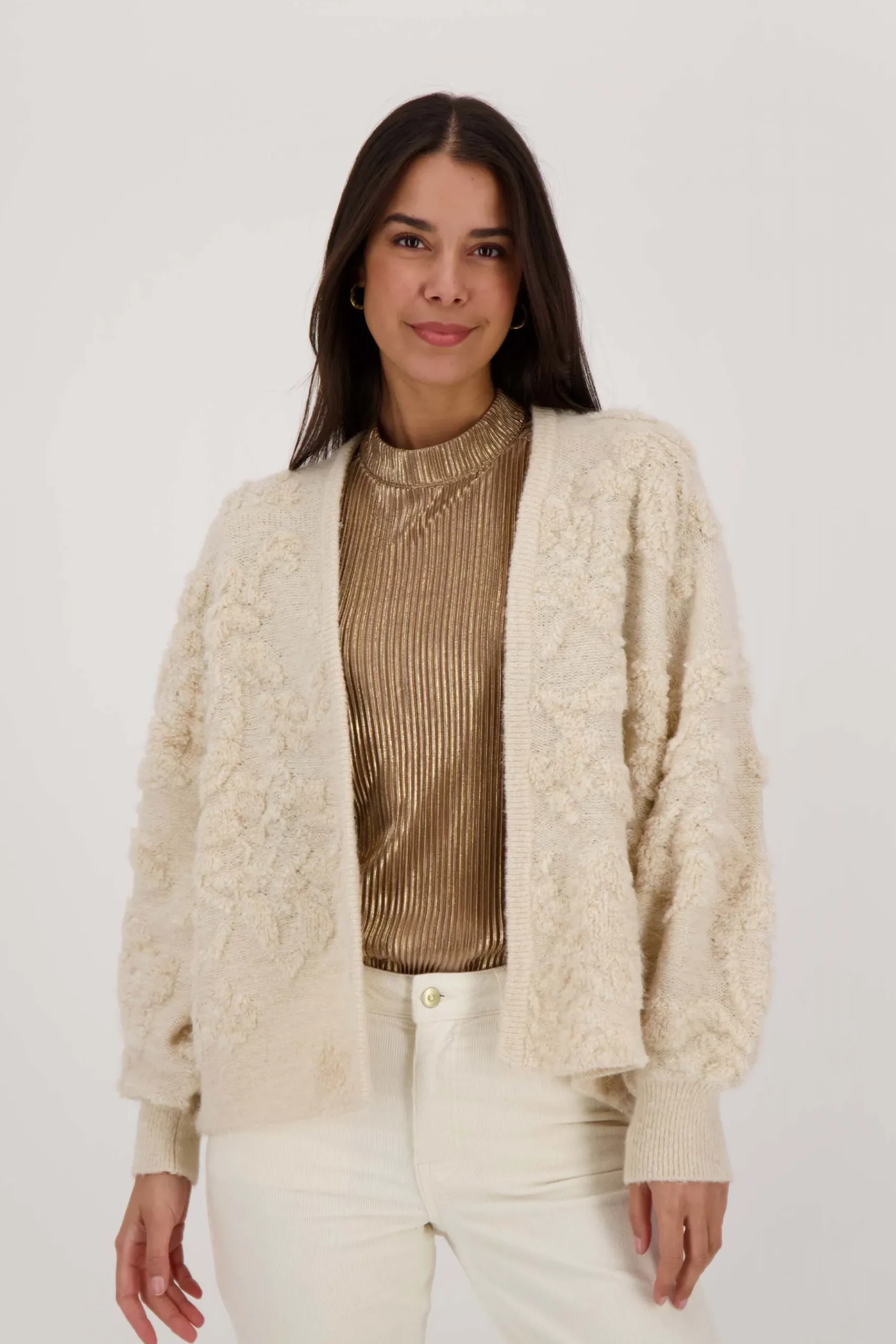 ZUSSS Vesten*openvallend vest met lurex jacquard creme